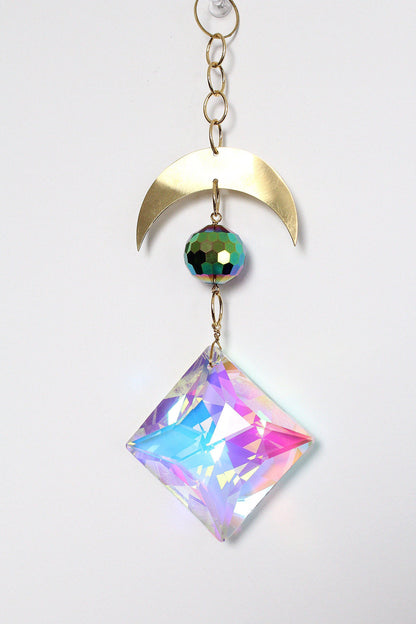 Iridescent Sun Catcher Decor with Crystal Brass Moon for Home Accents Light Catcher Crystal Brass Moon Wall Hanging Art Brass Moon Decor