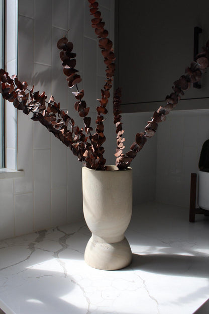 White Flower Vase Modern Design Paulownia Wood Container Natural Home Accent Dried Flower Display Wedding Centerpiece Collection Organic Style Decor Living Room Essential Farmhouse Home Detail Whitewashed Finish Elongated Shape Contemporary