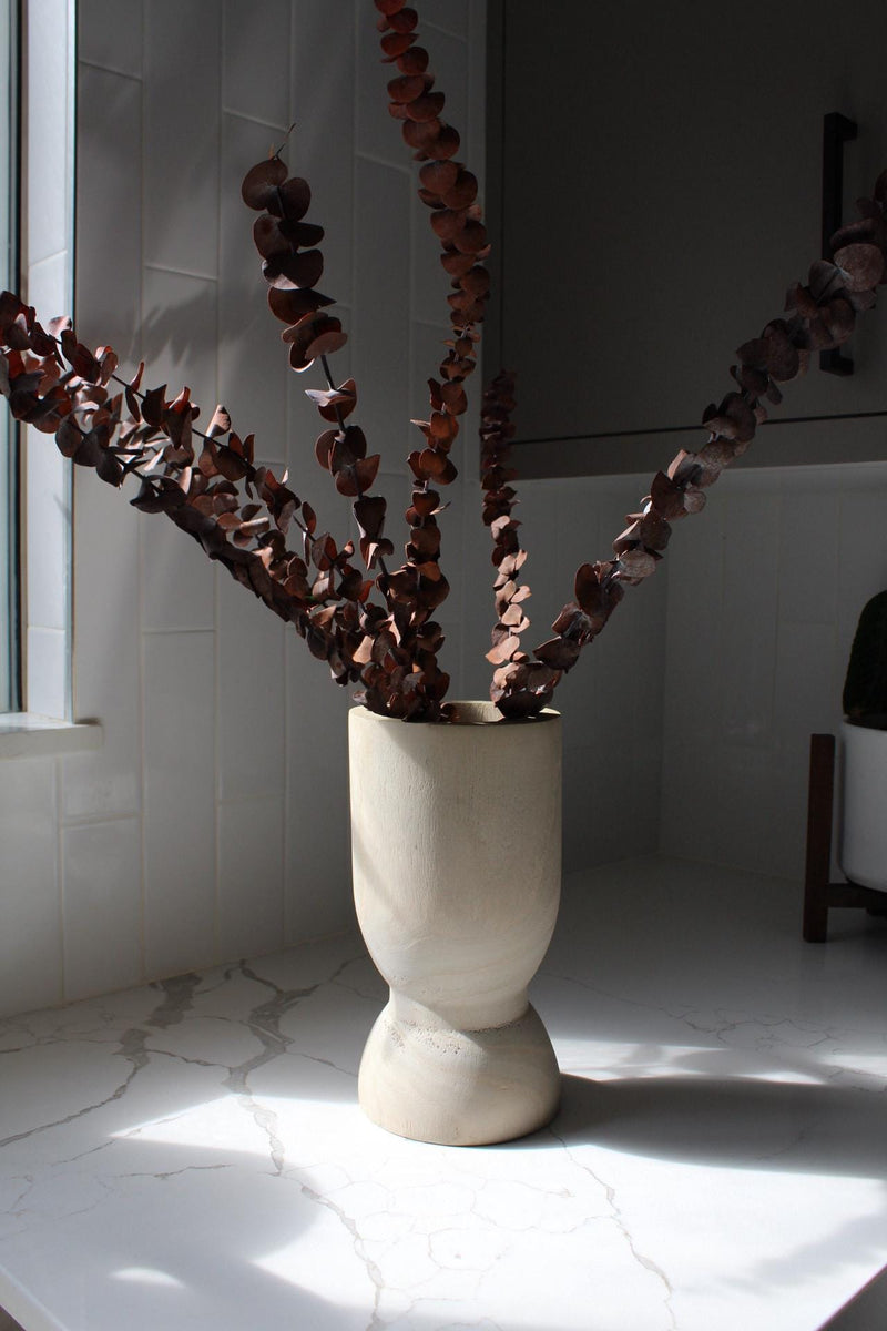 White Flower Vase Modern Design Paulownia Wood Container Natural Home Accent Dried Flower Display Wedding Centerpiece Collection Organic Style Decor Living Room Essential Farmhouse Home Detail Whitewashed Finish Elongated Shape Contemporary