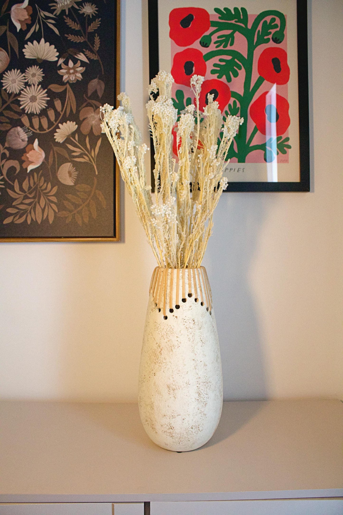 Farmhouse Style Vase Boho Modern Design White Ceramic Creation Decorative Accent Piece Textured Surface Details Elegant Home Decor Perfect Birthday Gift Beautiful Room Display Dried Flower Arrangement Contemporary Artistic Essential