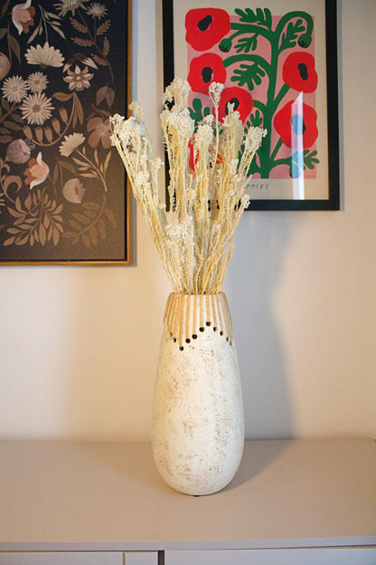 Farmhouse Style Vase Boho Modern Design White Ceramic Creation Decorative Accent Piece Textured Surface Details Elegant Home Decor Perfect Birthday Gift Beautiful Room Display Dried Flower Arrangement Contemporary Artistic Essential