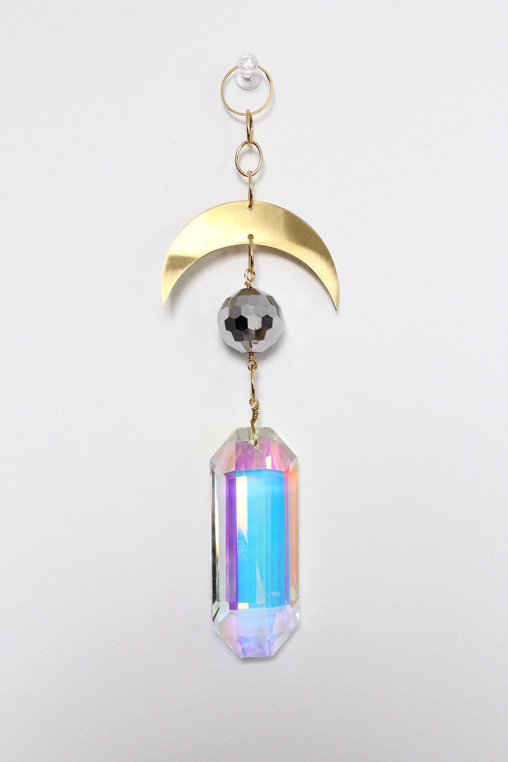 Iridescent Sun Catcher Decor with Crystal Brass Moon for Home Accents Light Catcher Crystal Brass Moon Wall Hanging Art Brass Moon Decor
