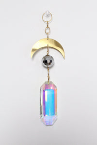 Iridescent Sun Catcher Decor with Crystal Brass Moon for Home Accents Light Catcher Crystal Brass Moon Wall Hanging Art Brass Moon Decor