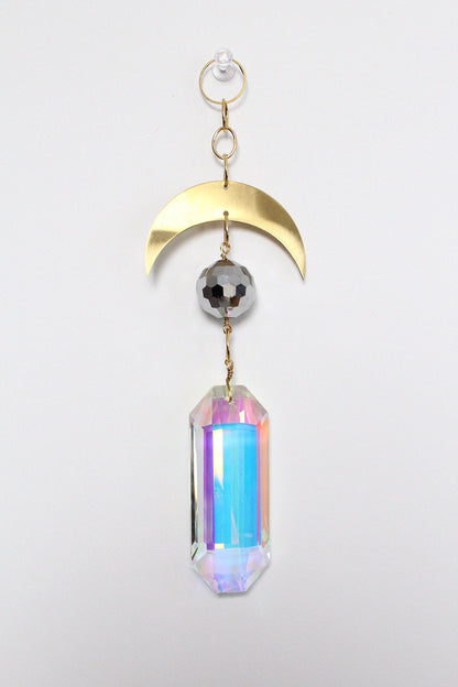 Iridescent Sun Catcher Decor with Crystal Brass Moon for Home Accents Light Catcher Crystal Brass Moon Wall Hanging Art Brass Moon Decor