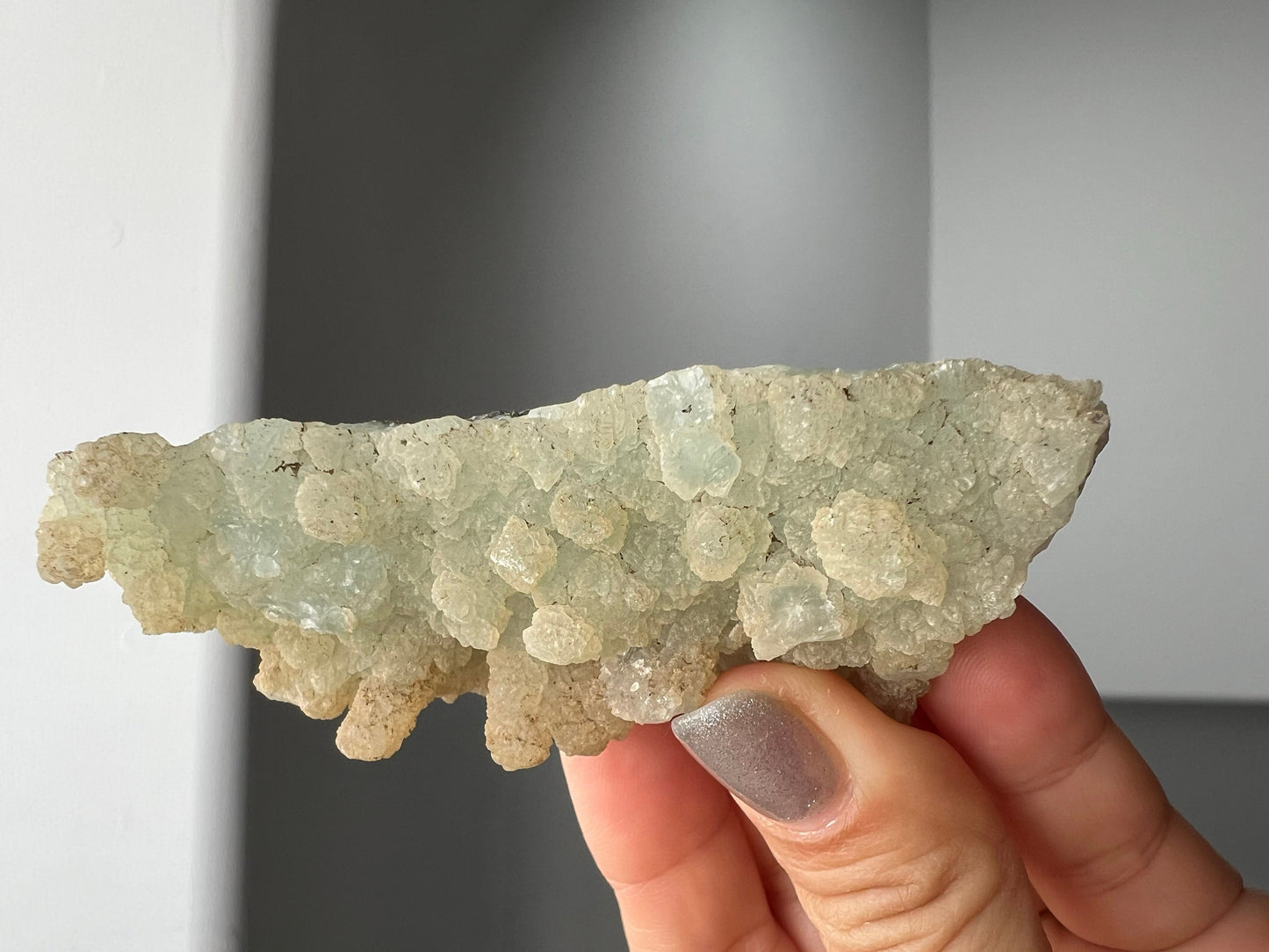 Raw Prehnite Quartz Crystal on Brass Claw Stand – Boho Home Decor Accent