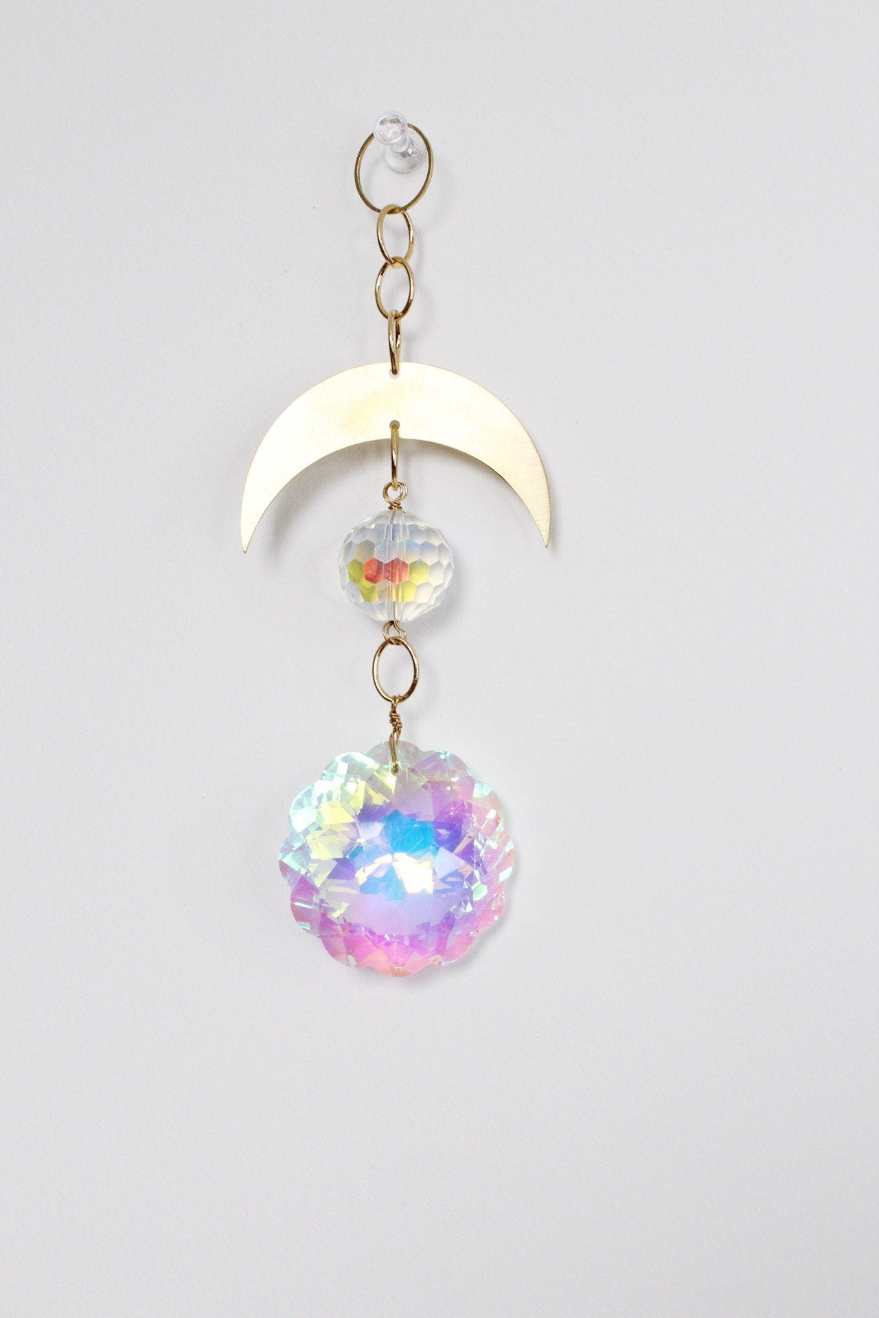 Aura Iridescent Sun Catcher Crystal Brass Moon Wall Hanging Art Crescent Moon Wall Hanging Clear Crystal Light Catcher Brass Chain Hanging