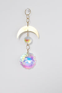 Aura Iridescent Sun Catcher Crystal Brass Moon Wall Hanging Art Crescent Moon Wall Hanging Clear Crystal Light Catcher Brass Chain Hanging