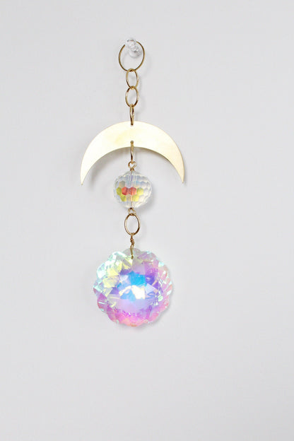 Aura Iridescent Sun Catcher Crystal Brass Moon Wall Hanging Art Crescent Moon Wall Hanging Clear Crystal Light Catcher Brass Chain Hanging