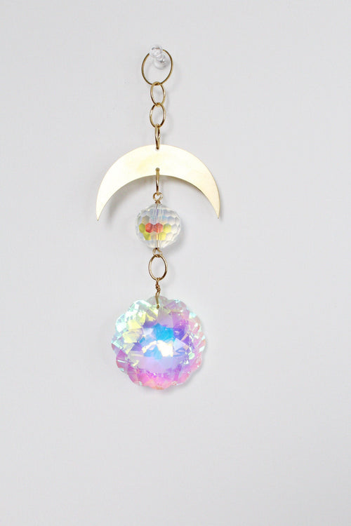 Aura Iridescent Sun Catcher Crystal Brass Moon Wall Hanging Art Crescent Moon Wall Hanging Clear Crystal Light Catcher Brass Chain Hanging