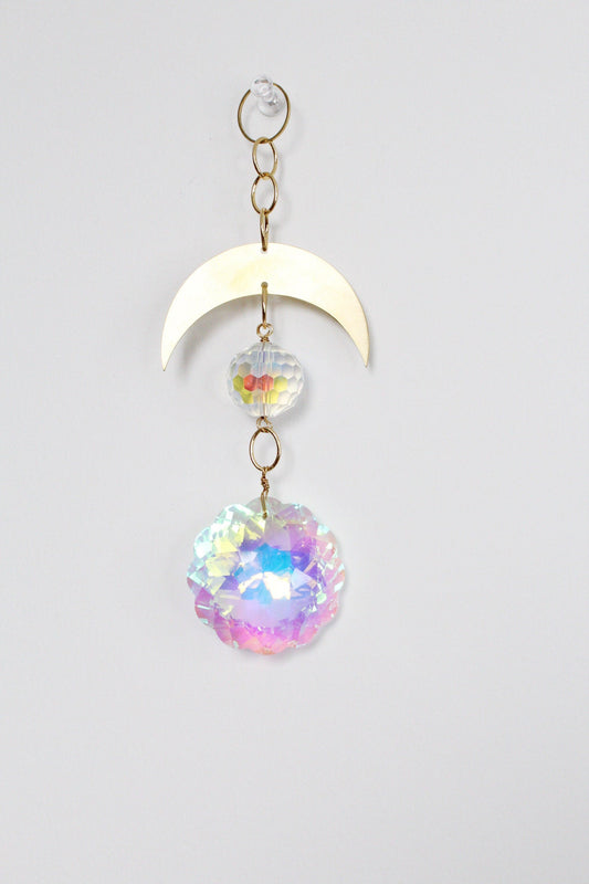 Aura Iridescent Sun Catcher Crystal Brass Moon Wall Hanging Art Crescent Moon Wall Hanging Clear Crystal Light Catcher Brass Chain Hanging