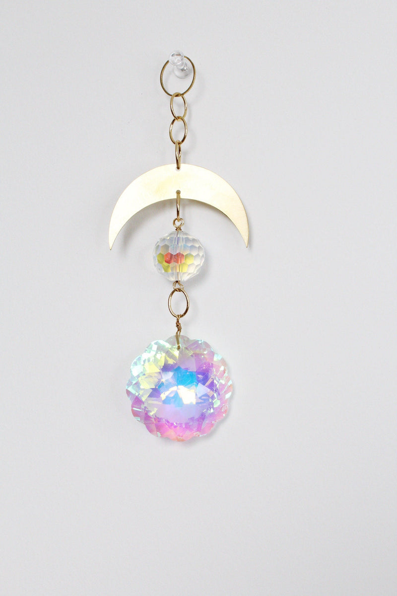 Aura Iridescent Sun Catcher Crystal Brass Moon Wall Hanging Art Crescent Moon Wall Hanging Clear Crystal Light Catcher Brass Chain Hanging
