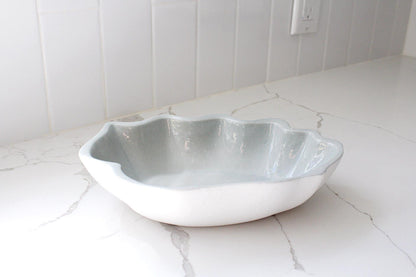 Home Accent Bowl White Stoneware Collection Shell Pattern Design Modern Kitchen Essential Coastal Style Decor Beautiful Serving Piece Premium Quality Construction Contemporary Display Art Elegant Interior Finish Blue Gloss Surface
