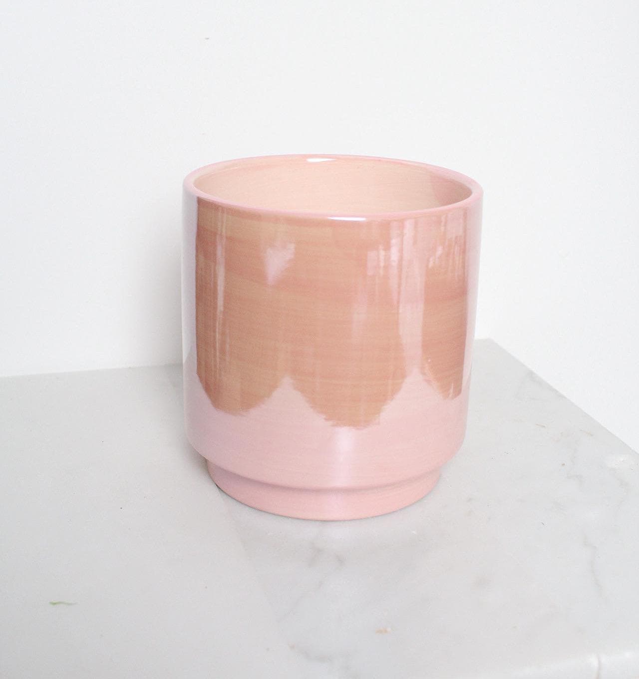 Pink Ceramic Planter Modern Home Decor Glossy Finish Indoor Plant Container Bedroom Shelf Accent Large Decorative Pot Valentine Gift Essential Five Inch Cylindrical Design Contemporary Room Style Beautiful Table Centerpiece Elegant Home