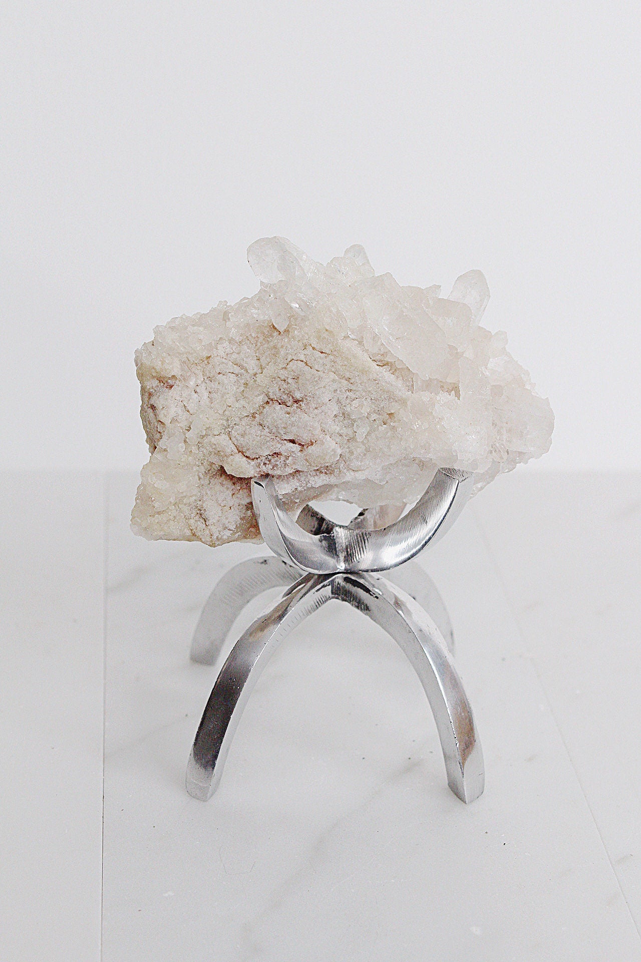 White Quartz Natural Stone Modern Decor Accent with Brass Claw Display Stand Raw Cluster Quartz Crystal Mineral on Brass Modern Claw Display