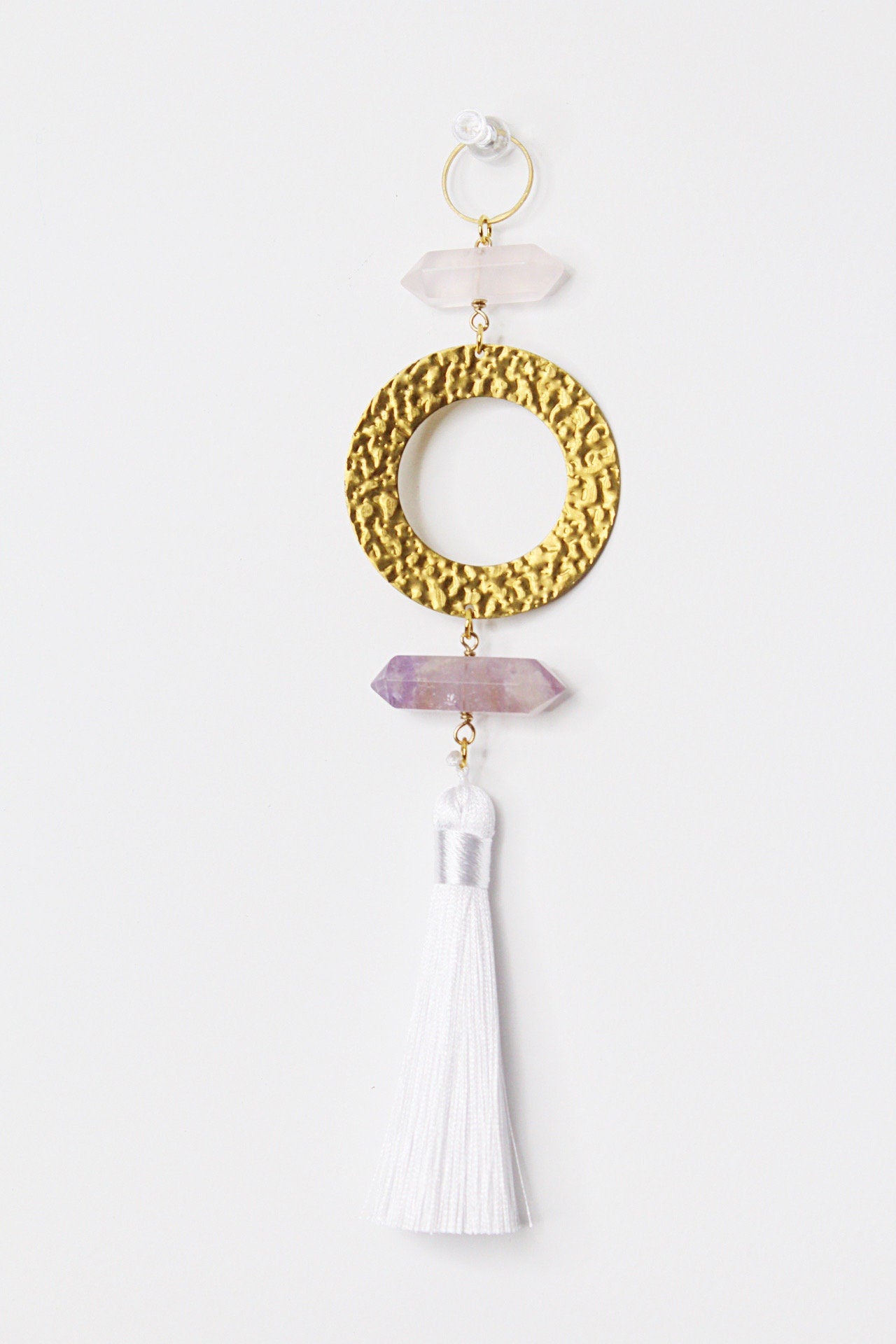 Natural Gemstone Sun Catcher Purple Pink Light Catcher Crystal Brass Moon Wall Hanging Art Rose Quartz Amethyst White Tassel Crystal Decor