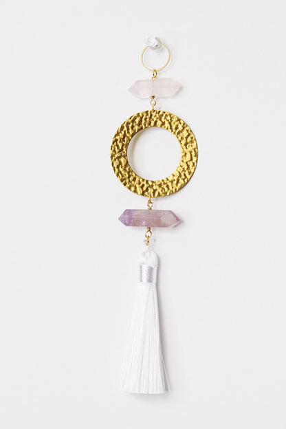 Natural Gemstone Sun Catcher Purple Pink Light Catcher Crystal Brass Moon Wall Hanging Art Rose Quartz Amethyst White Tassel Crystal Decor