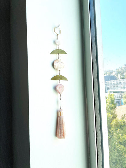 Brass Crescent Moon Pink Crystal Wall Art – Rose Quartz, Jasper, Selenite
