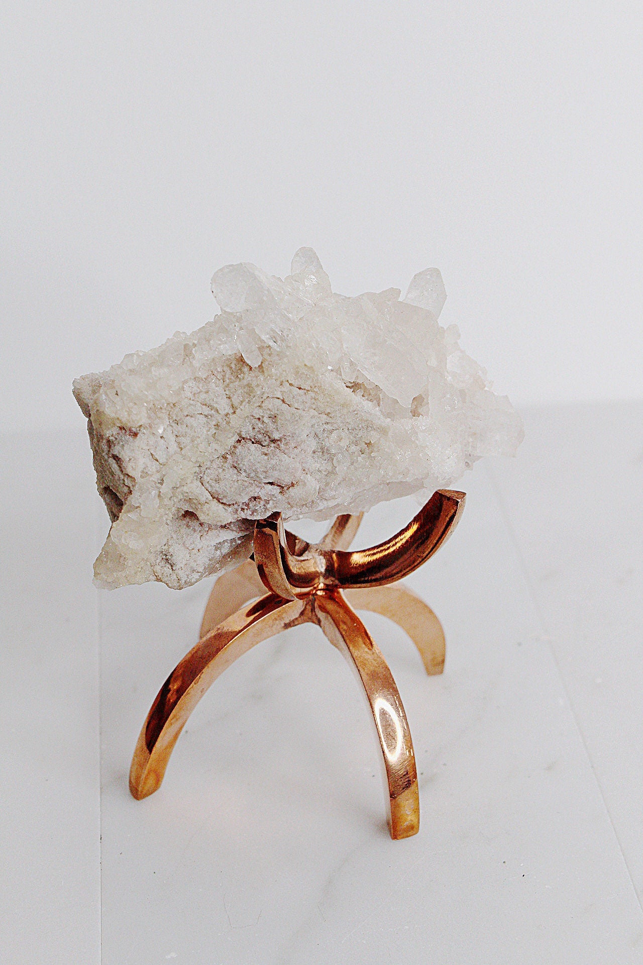 White Quartz Natural Stone Modern Decor Accent with Brass Claw Display Stand Raw Cluster Quartz Crystal Mineral on Brass Modern Claw Display