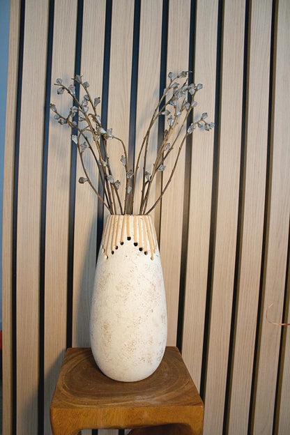 Boho Ceramic Vase Modern Farmhouse Style White Textured Surface Decorative Holes Teardrop Shape Tall Elegant Design Room Accent Piece Dried Flower Display Contemporary Home Decor Rustic Charm Perfect Birthday Gift Beautiful Artistic with dried branches