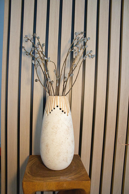 Boho Ceramic Vase Modern Farmhouse Style White Textured Surface Decorative Holes Teardrop Shape Tall Elegant Design Room Accent Piece Dried Flower Display Contemporary Home Decor Rustic Charm Perfect Birthday Gift Beautiful Artistic with dried branches