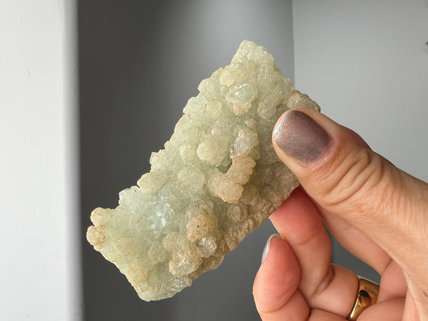 Raw Prehnite Quartz Crystal on Brass Claw Stand – Boho Home Decor Accent