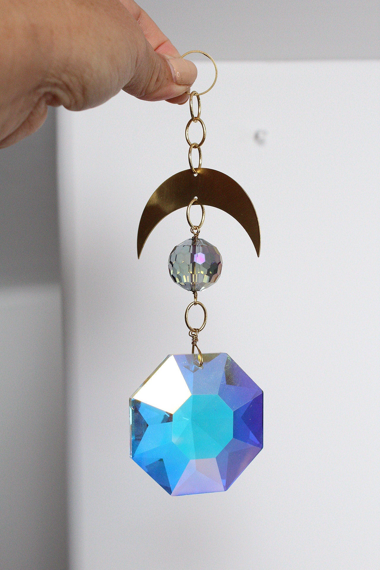 Handcrafted Crystal Brass Moon Wall Hanging with Iridescent Sun Catcher Aura Iridescent Sun Catcher Crystal Brass Moon Wall Hanging Art