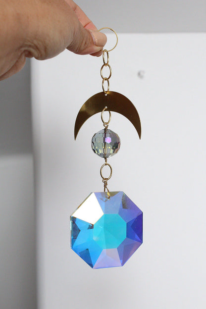 Handcrafted Crystal Brass Moon Wall Hanging with Iridescent Sun Catcher Aura Iridescent Sun Catcher Crystal Brass Moon Wall Hanging Art