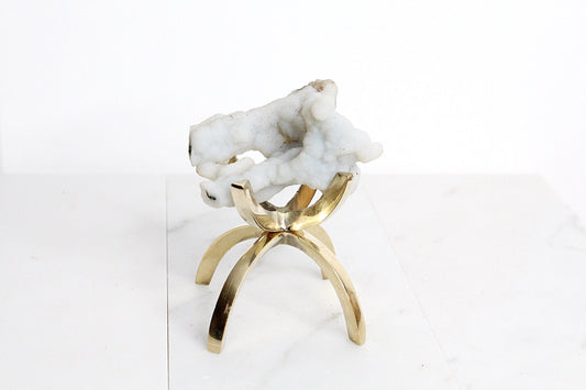 White Chalcedony Quartz on Brass Claw Stand – Boho Home Accent