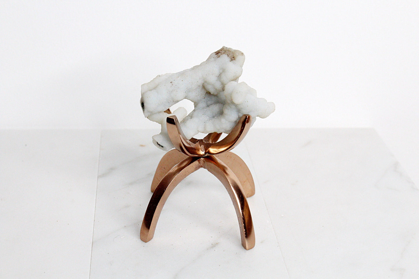White Chalcedony Quartz on Brass Claw Stand – Boho Home Accent