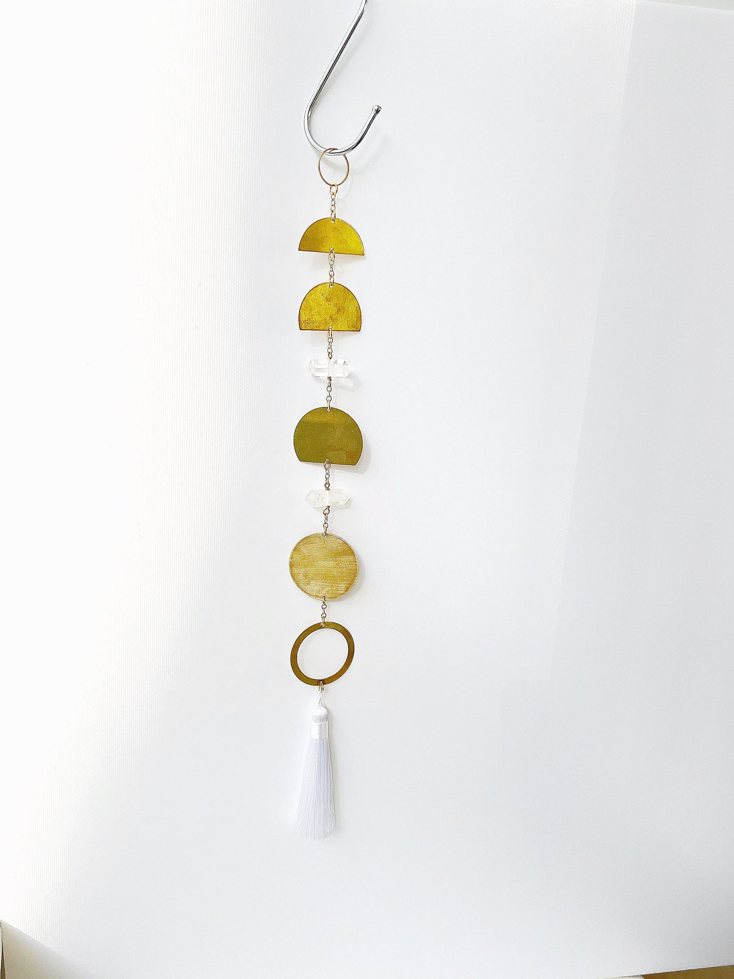 Handcrafted Brass Moon Phases Wall Hanging Art Sun Catcher Crystal Brass Moon Wall Hanging Art Real Natural Stone Clear Quartz White Tassel