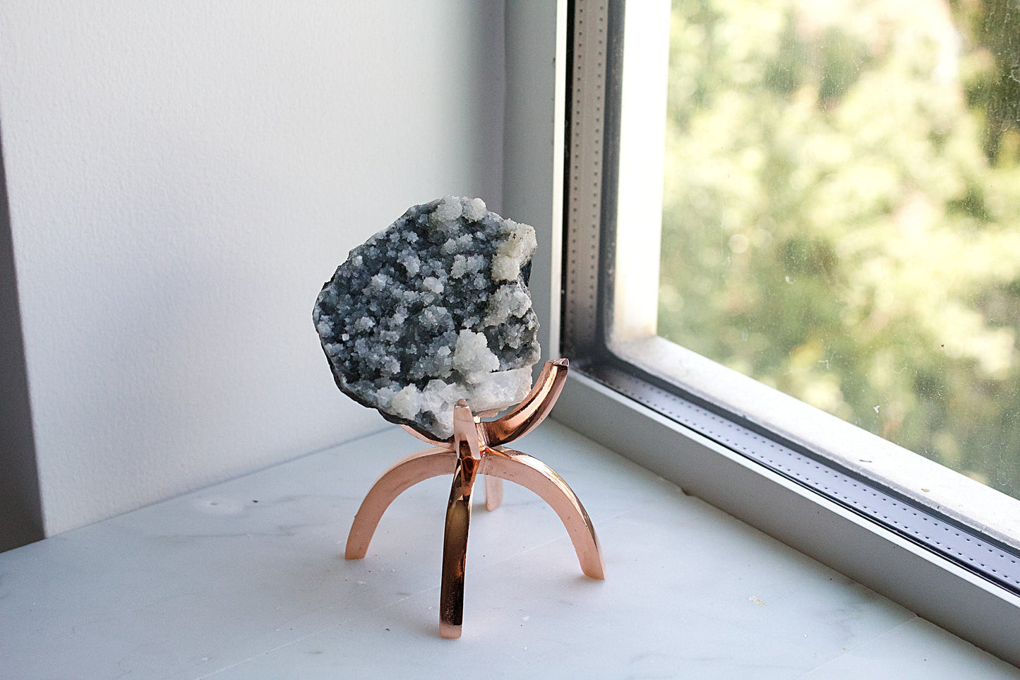 Apophyllite Chalcedony Gray Quartz Crystal on Brass Modern Claw Display Stand  Boho Decor Accent Unique Crystal Arrangement White Stone