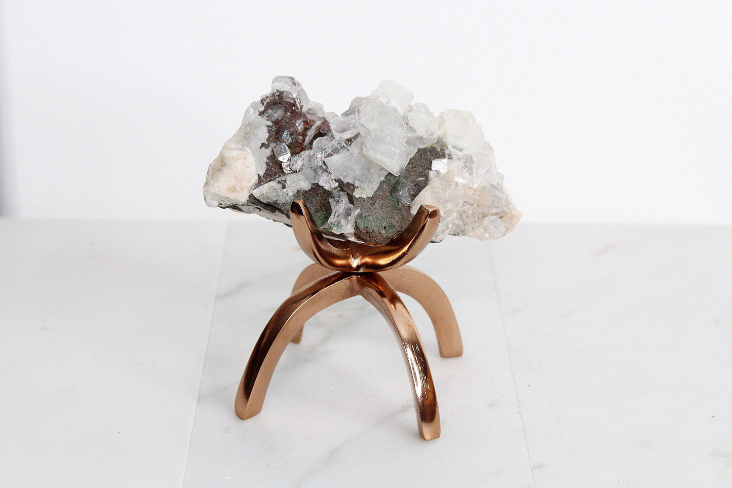 Raw White Apophyllite & Stilbite Quartz on Brass Claw Stand – Boho Crystal Decor