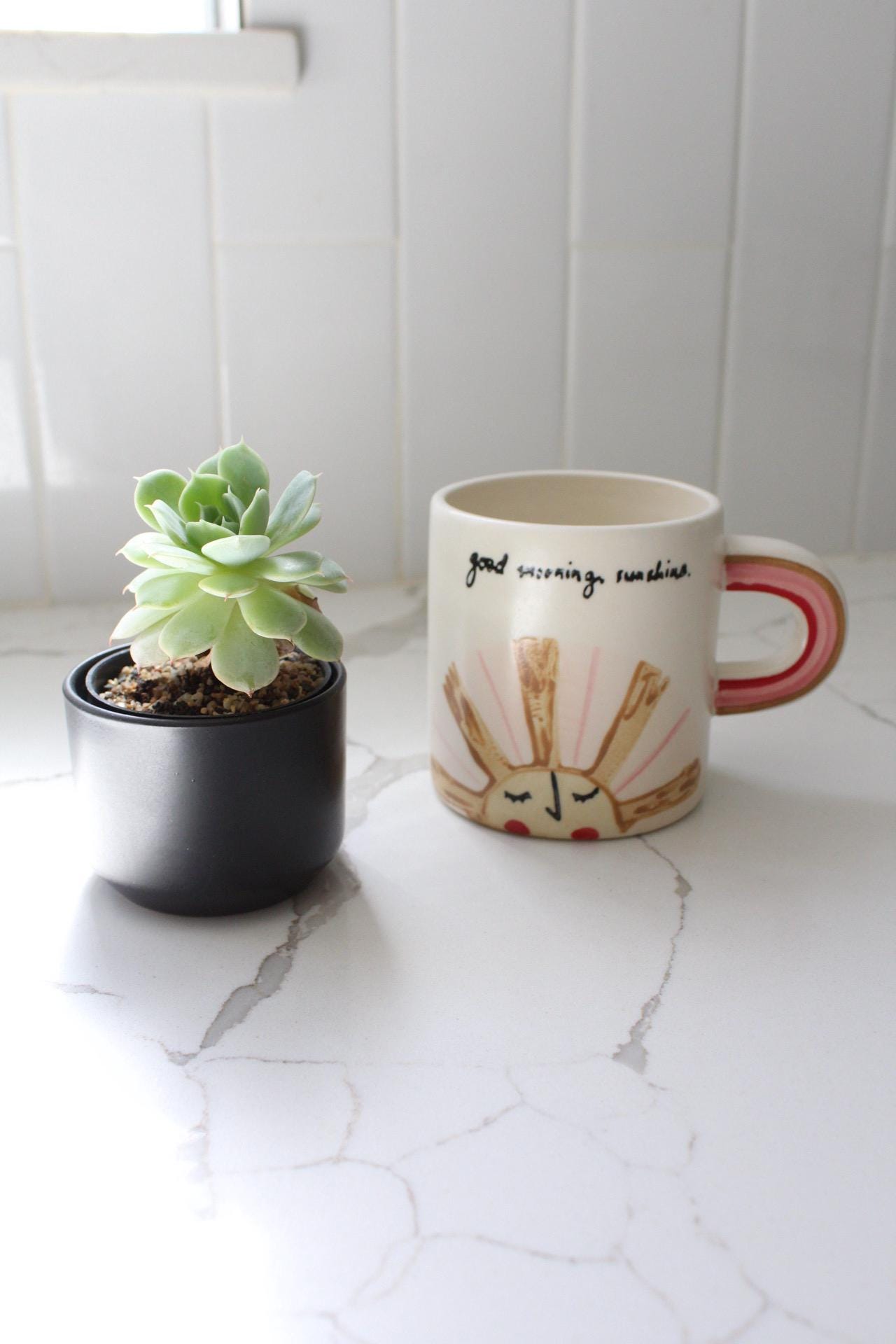 Cheerful Morning Gift Funny Coffee Mug Sunshine Design Collection Perfect Friend Present Ceramic Cup Birthday Gift Essential Rainbow Handle Detail Beautiful Daily Brew Companion Unique Encouragement Message Coffee Lover Collection