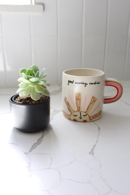 Cheerful Morning Gift Funny Coffee Mug Sunshine Design Collection Perfect Friend Present Ceramic Cup Birthday Gift Essential Rainbow Handle Detail Beautiful Daily Brew Companion Unique Encouragement Message Coffee Lover Collection