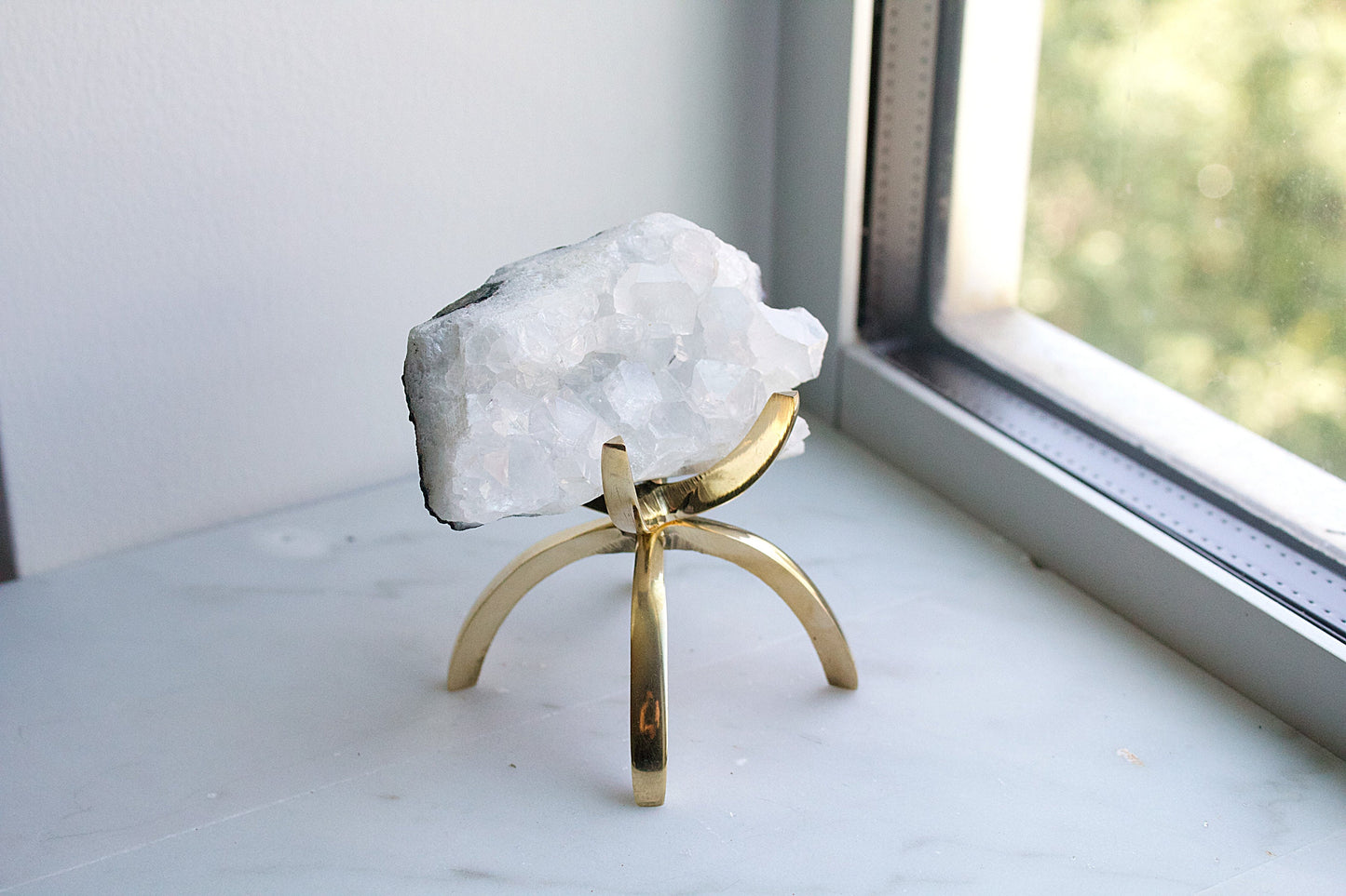 White Apophyllite Stone Modern Decor Accent with Brass Claw Display Stand Apophyllite Quartz Crystal Mineral on Brass Modern Claw Display