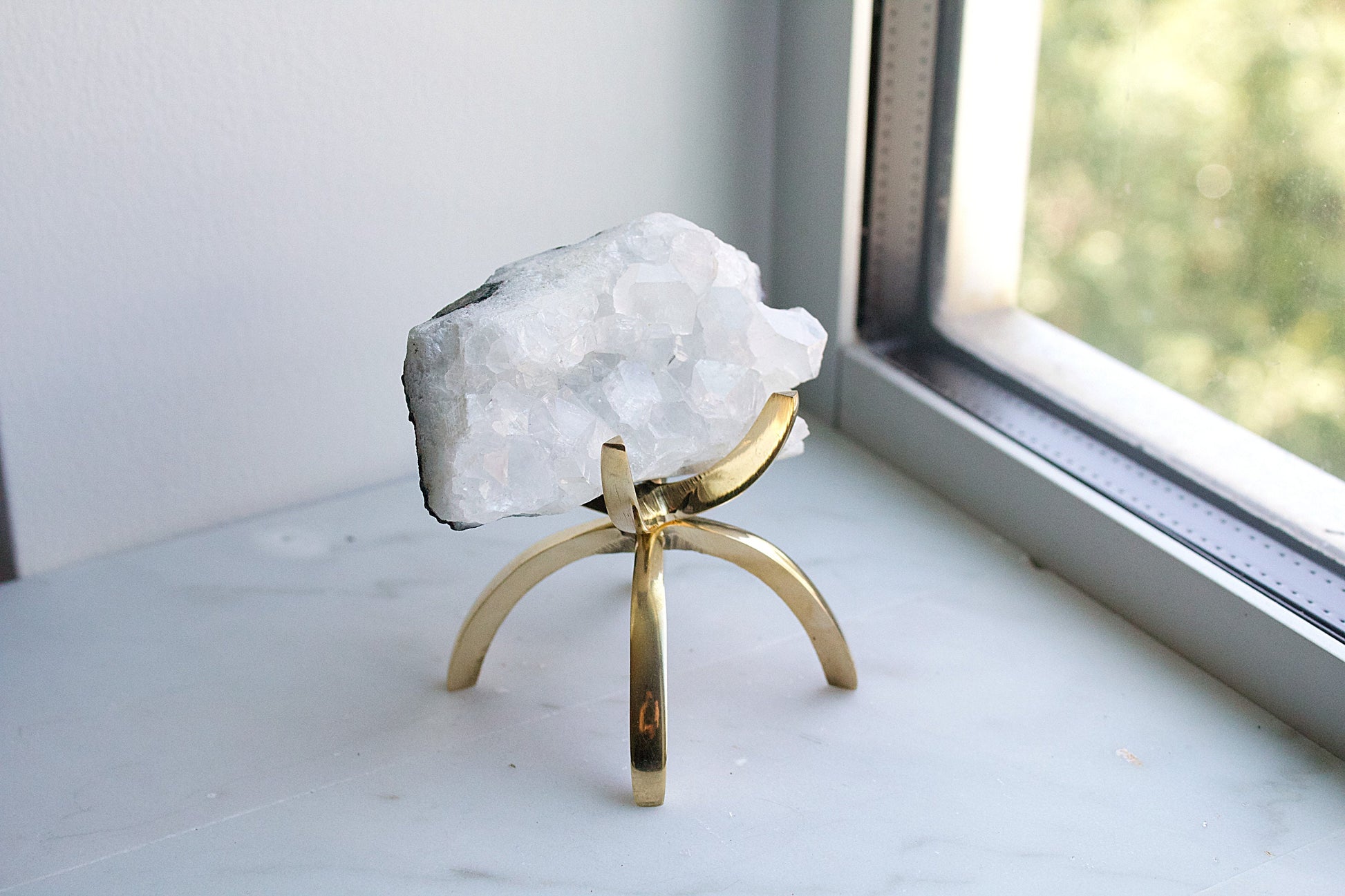 White Apophyllite Stone Modern Decor Accent with Brass Claw Display Stand Apophyllite Quartz Crystal Mineral on Brass Modern Claw Display