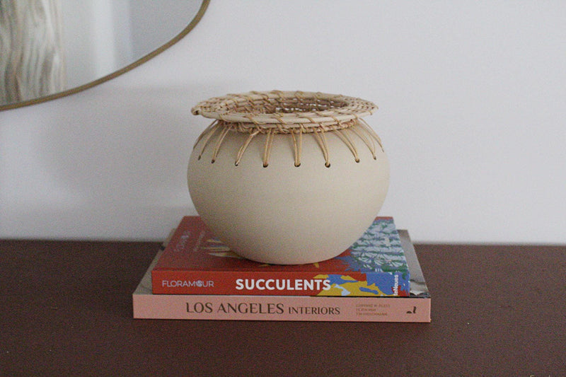 Ceramic Vase Rattan Boho Home Decor Wabi Sabi Woven Decorative Vase Bookshelf Styling Modern Farmhouse Accent Texture Neutral Desk Gift Housewarming Wedding Birthday Interior Design