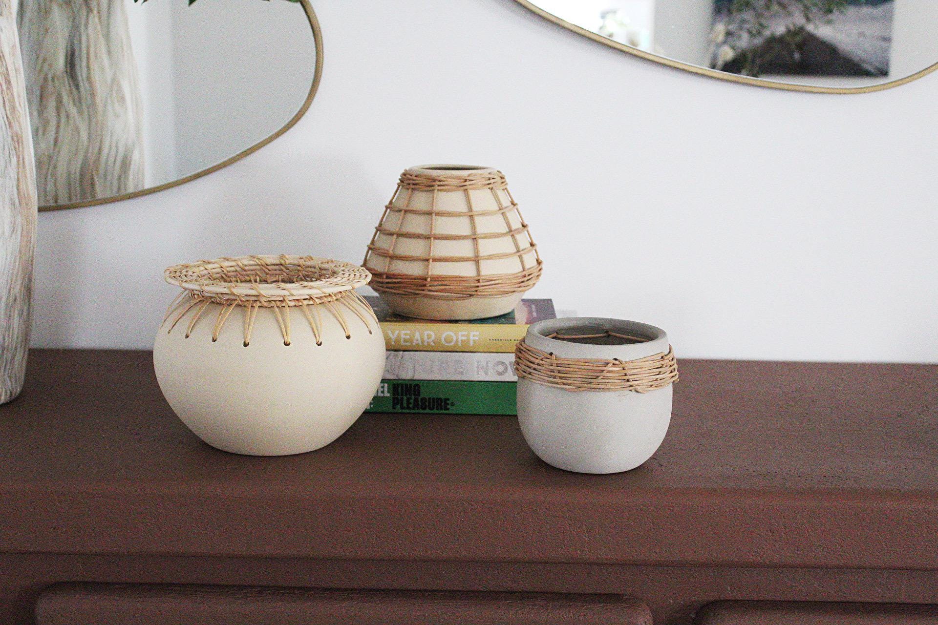 Ceramic Planter Woven Rattan Planter Modern Plant Pot Minimalist Home Decor Indoor Plant Holder Succulent Planter Boho Planter Scandinavian Decor Housewarming Gift Natural Material Planter