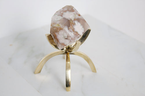 Pink Flower Agate Crystal Mineral with Brass Display Stand Natural Boho Decor Unique Gift Idea Flower Agate Crystal Silver Rose Gold Stand
