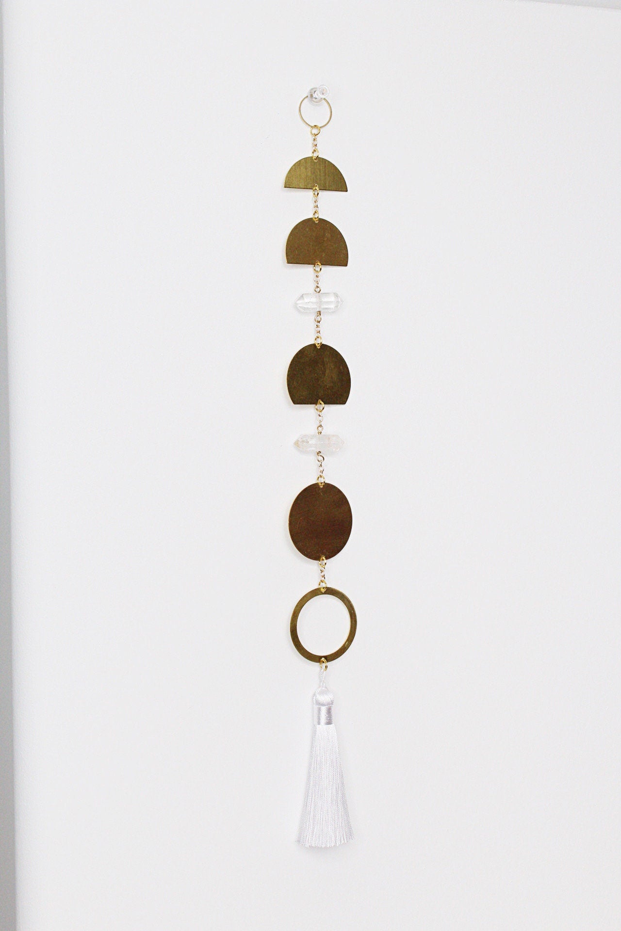 Handcrafted Brass Moon Phases Wall Hanging Art Sun Catcher Crystal Brass Moon Wall Hanging Art Real Natural Stone Clear Quartz White Tassel