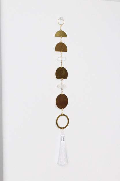 Handcrafted Brass Moon Phases Wall Hanging Art Sun Catcher Crystal Brass Moon Wall Hanging Art Real Natural Stone Clear Quartz White Tassel