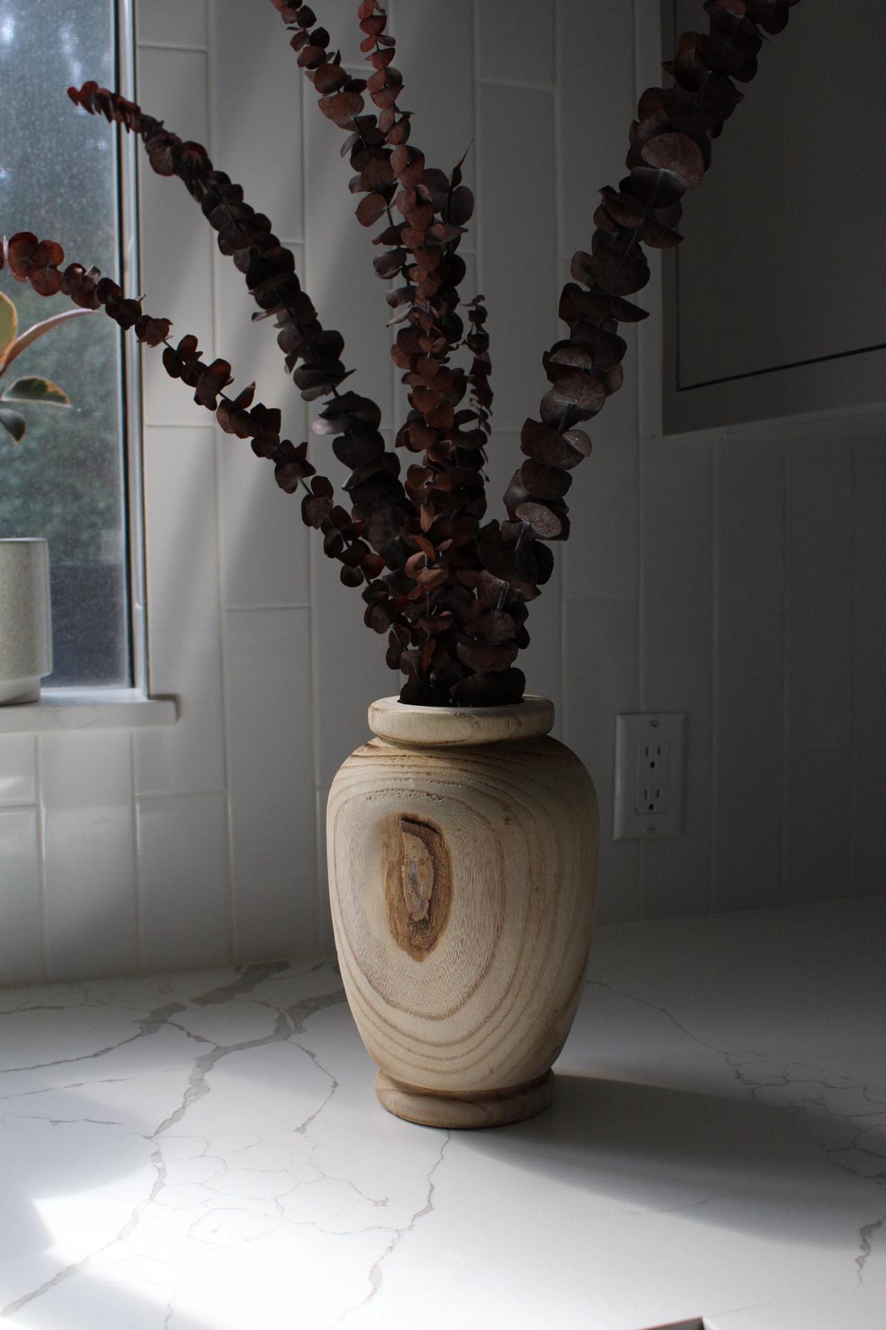 Natural Wood Vase Modern Home Accent Decorative Wooden Container Dried Floral Branch Display Farmhouse Style Decor Organic Design Turned Wood Construction Natural Grain Pattern Home Art Piece Shelf Accent Contemporary Living Space Beautiful