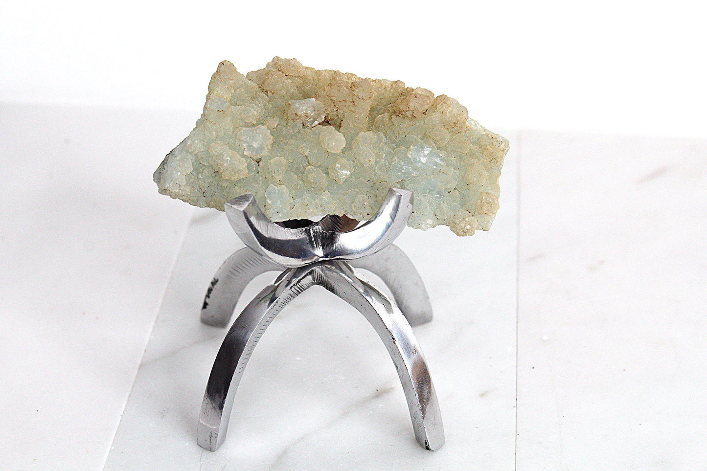 Raw Prehnite Quartz Crystal on Brass Claw Stand – Boho Home Decor Accent