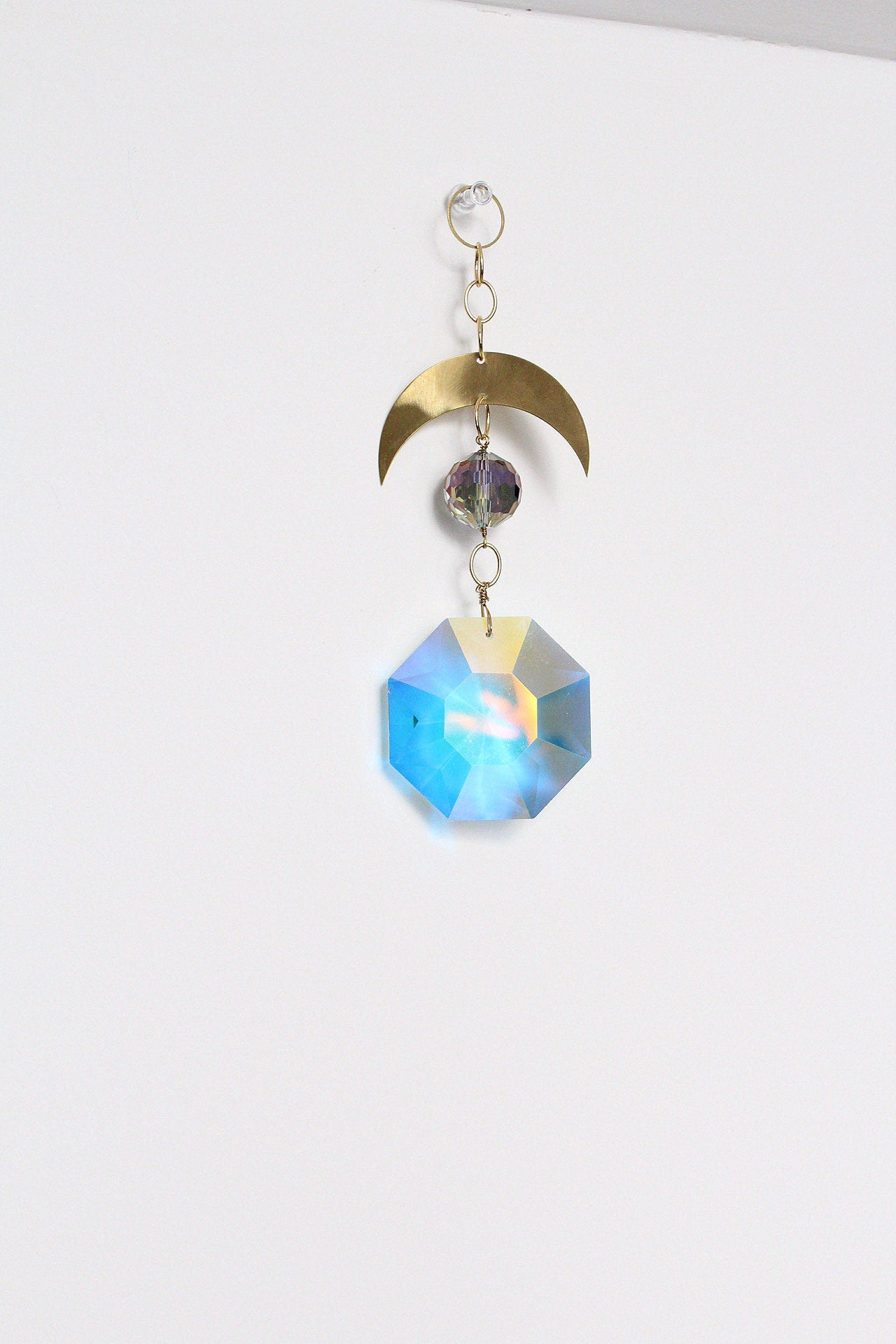 Handcrafted Crystal Brass Moon Wall Hanging with Iridescent Sun Catcher Aura Iridescent Sun Catcher Crystal Brass Moon Wall Hanging Art