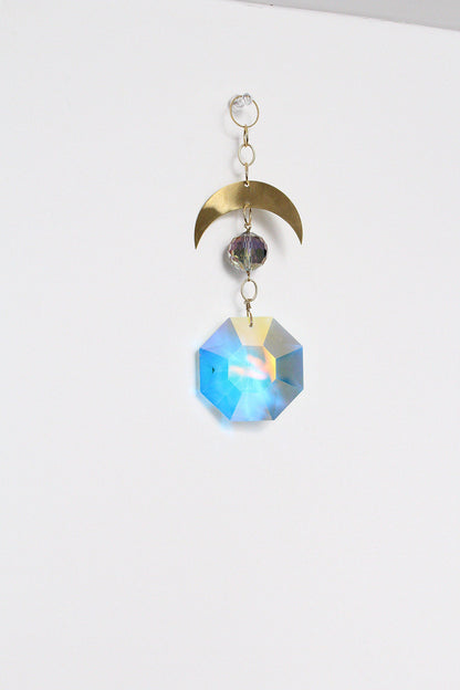 Handcrafted Crystal Brass Moon Wall Hanging with Iridescent Sun Catcher Aura Iridescent Sun Catcher Crystal Brass Moon Wall Hanging Art