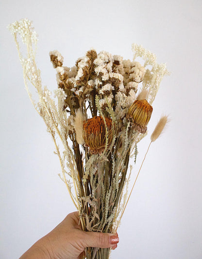 Dried Flower Bouquet Natural Wedding Centerpiece Boho Style Arrangement Cream Golden Brown Colors Farmhouse Home Decor Modern Interior Design Rustic Room Accent Protea Bunny Tails Wedding Gift Collection Neutral Color Palette Beautiful