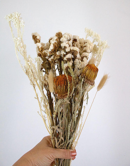 Dried Flower Bouquet Natural Wedding Centerpiece Boho Style Arrangement Cream Golden Brown Colors Farmhouse Home Decor Modern Interior Design Rustic Room Accent Protea Bunny Tails Wedding Gift Collection Neutral Color Palette Beautiful