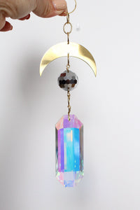 Iridescent Sun Catcher Decor with Crystal Brass Moon for Home Accents Light Catcher Crystal Brass Moon Wall Hanging Art Brass Moon Decor