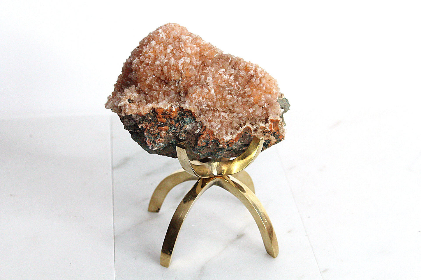 Heulandite & Pink Quartz Crystal on Brass Claw Stand – Unique Decor Accent