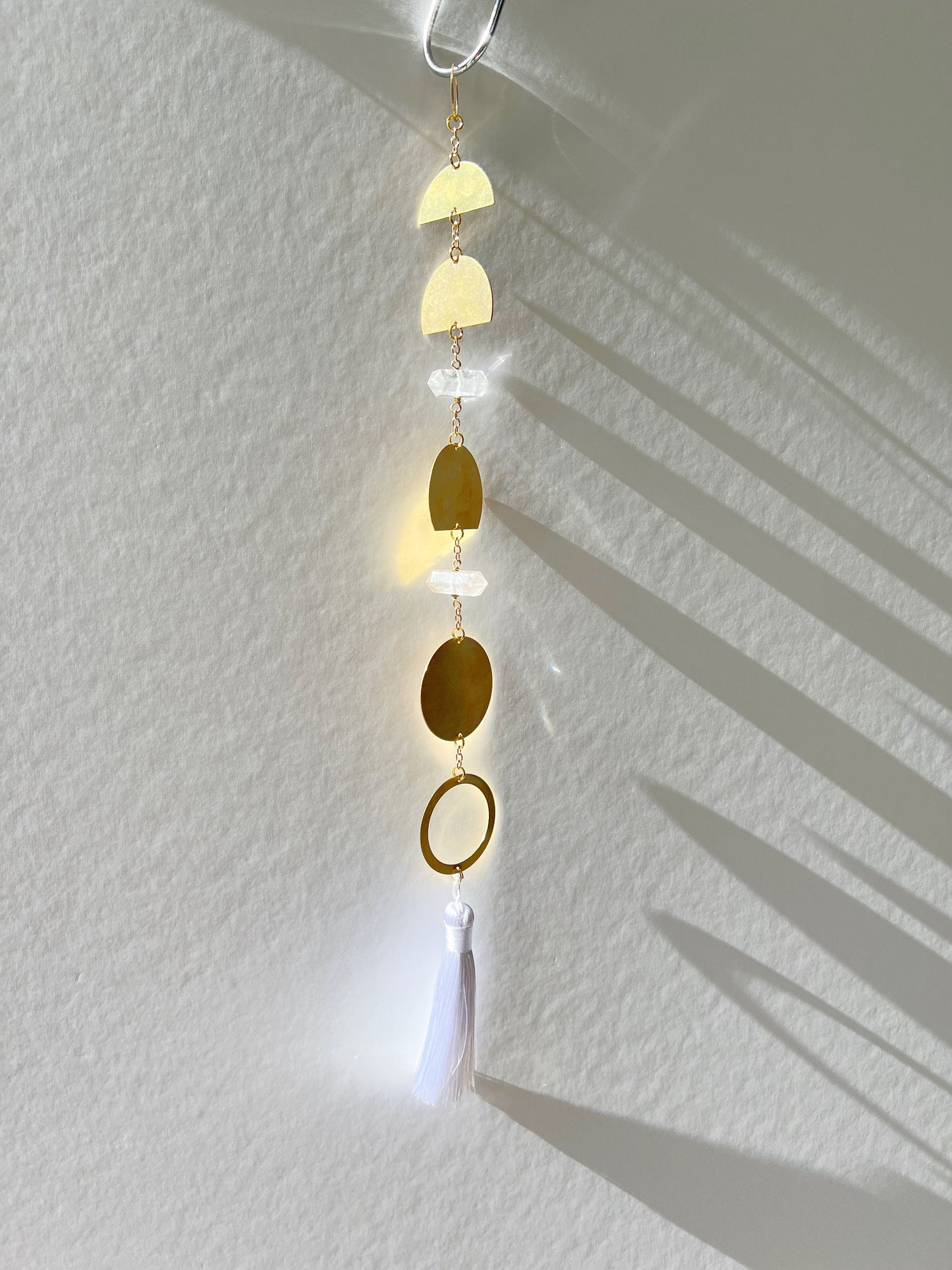 Handcrafted Brass Moon Phases Wall Hanging Art Sun Catcher Crystal Brass Moon Wall Hanging Art Real Natural Stone Clear Quartz White Tassel